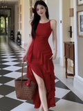 DAIIIBABYYY  -  Summer Red Ruffles Womens Dresses Sexy Spaghetti Strap Sleeveless Birthday Party Dress Female Holiday Beach Vestidos Mujer New