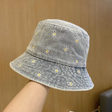 Daiiibabyyy Spring Denim Cartoon Flower Embroidery Bucket Hat Fisherman Hat Outdoor Travel Sun Cap For Girl And Women