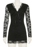 DAIIIBABYYY  -  Sexy Slim Lace Bodycon Dress Casual Bow V-Ncek Long Sleeve Mini Dresses For Women 2025 Spring Autumn Streetwear Lady