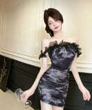 Daiiibabyyy  Sexy One-shoulder Mesh Printed Dress for Women in Pure Desire Style, Waist-hugging, Sexy Hot Girl Tight Buttocks
