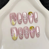 Daiiibabyyy  10pcs Crystal Butterfly Handmade False Nails Clear Transparent Purple Cat's Eye Fake Nail With Tulip Flower Press On Nail Almond
