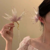 Daiiibabyyy  Exquisite Pearl Butterfly Tassel Ear Hook for Women Sweet Metal Irregular Wing Ear Clip Earrings Wedding Jewelry Accessories