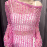 DAIIIBABYYY  -  New Spring Fashion Hollow Out Solid Color Sexy Women Dream Thin Style Loose One Shoulder Long Sleeved Comfortable All-match Tops