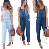 Daiiibabyyy  Casual Women Jumpsuit Sleeveless High Waist Button Front Romper Light Blue Straight Leg Solid Color Denim Jumpsuit Drawstring