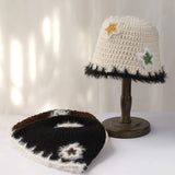 Daiiibabyyy  New Star Colorful Fringe Woolen Hat Women's Autumn and Winter Cute Handmade Plush Hat Knitted Fisherman Bucket Hats