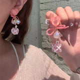 Daiiibabyyy  Fairy Sweet Pink Heart Beaded Bow Opal Ball Lily Flower Drop Multi-element Earrings Women and Girls Elegant Jewelry Gifts