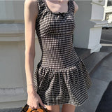 Daiiibabyyy  Women Plaid Printed Square Collar Sleeveless High Waisted Bow Patchwork Backless Simple Style Cute Sling Pleated Tank Dress