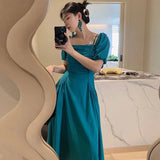 DAIIIBABYYY  -  Korean Summer Square Collar Pocket Design Bubble Sleeve Dress For Women French Minimalist Style Slash Neck Sling Length Dresses