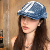 DAIIIBABYYY  -  Personalized Lace Bow Design Washed Denim Forward Hats Women Spring Summer Travel Fashion Versatile Sun Protection Retro Berets