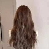 Daiiibabyyy  Brown Ash Highlight Long Water Wave Synthetic Wig Middle Part Face Framing Women Y2K Street Party Sweet Costume Hairpiece
