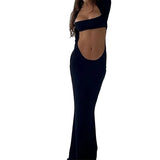 Daiiibabyyy  Cool and Spicy - style Black Long - sleeve Crop Top & Mermaid Skirt Set for Women | Square Neck & Slim - fit Design