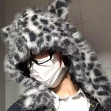 Daiiibabyyy  Fashion Animal Shape Scarf Hat Leopard Print Faux Fur Winter Warm Shawls Hooded Caps Fluffy Plush outdoor warm Ski Hat Gorras