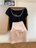 DAIIIBABYYY  -  Sweet Girl Suit Women's Summer Pink High-waisted Lace-up Skirt Black Short Knitwear Two-piece Set Fashion Female Clothes
