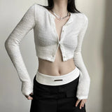 DAIIIBABYYY  -  New Women's Solid Color Slim Fit with Exposed Navel Fashion Round Neck Long Sleeved Cardigan T-shirt for Women