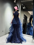 Daiiibabyyy  Halter Neck Slim Fit Long Blue Black Sequin Dress Birthday Party Coming-of-Age Ceremony Host Annual Meeting White Red Gown