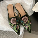 Daiiibabyyy  Spring Retro Design Embroidery Pointed Toe Women Slippers Low Heels Comfortable Mules Party Shoes Zapatos De Mujer