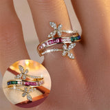 Daiiibabyyy  Small Square Stone Rainbow Zircon Double Butterfly Rings For Women Gold Silver Color Wedding Bands Engagement Party Jewelry Gift