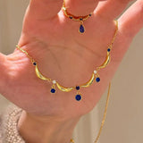 Daiiibabyyy  Delicate Blue Water Drop Zircon Necklace for Women Vintage Metal Wave Splicing Necklace Rings Wedding Party Jewelry Gifts