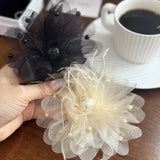 Daiiibabyyy  New Fabric Large Feather Pearl Flower Hair Clip for Women Korean Fashion Light Luxury Shark Clip Girl Hair Accessories