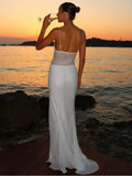Daiiibabyyy  White Lace Sheer Corset Maxi Dress Eyelash Lace Trim Bodice High Slit Satin Skirt Summer Bridal Evening Party Women Outfit