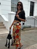 Daiiibabyyy  Vibrant Floral Print High-Waisted Midi Skirt Front Split Hem Straight Summer Women Pencil Skirt Chic Casual Lady Bottoms