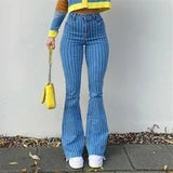 Daiiibabyyy Stretch Women Flare Jeans Lady Vintage Blue Striped Plaid Hips Wrap High Waist Trousers Lady Streetwear Y2K Punk Denim Pants