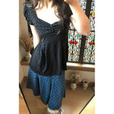 Daiiibabyyy  Vintage Set Gentle Sweet Black Polka Dot Short Sleeved Waist Cinching Top Slimming Half Skirt Two-piece Set