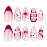 DAIIIBABYYY  -  24pcs Red Cherry Fake Nails French Almond Press on Nails with white Bow Decor Full Cover Wearable False nail Tips For Women