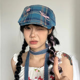 Daiiibabyyy Original Bow Contrasting Color Plaid Newsboy Hats for Women Show Face Summer Thin Versatile Sunscreen Vintage Berets Cap Y2k