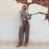 Daiiibabyyy Brown Low Waist Trousers Fashion Design Sense Of Contrast Color Loose Pull Length Pants Niche All-Match Streetwear Autumn