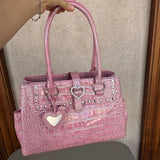 Daiiibabyyy  Fashion Crocodile-patterned Handbag Brand Pink Pu Women's Shoulder Bag Trendy Large Capacity Diamond-embellished Underarm Bag