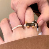 Daiiibabyyy  Sausage Dog Pearl Ring Girl Cartoon Cute Luxury High-end Index Finger Ring Niche Funny Creative Stacking Jewelry Accessories