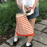 Daiiibabyyy Female stripe Wool Knitted Pleats Tote Organ Bag Designer Chic Stitching Contrast Fashion Shoulder Shopper Handbag For Women