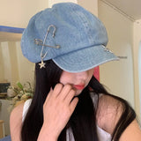 Daiiibabyyy  Women's Cute Hat Sweet Style Beret Kawaii Cap Cowboy Starcloud Hat Beret Big Head Duck Tongue Bud Hat Fashion Blue Caps Hat Goth
