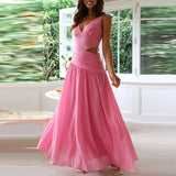 Daiiibabyyy  Fashion Lady V-neck Robe Dress Simple Solid Color Hollow Backless Women's Dress New Summer Casual Sleeveless Pleated Long Dress
