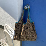 Daiiibabyyy  Double-Sided Wear Suede Shoulder Bag Leopard Print Canvas Tote Casual Unisex Square Bag Open Top Shoulder Bag for Commuting