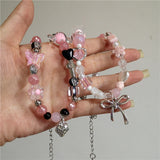 Daiiibabyyy Y2K Silver Color Bowknot Strawberry Pendant Chain Necklace Heart Cross Beaded Choker For Women Sweet Cool Aesthetic Jewelry Gift