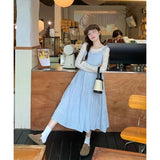 Daiiibabyyy  Korean Style Dress Set Women Spring Gentle Long Plaid Slip Dress Layered Lace Long Sleeve T-shirt Two Piece Set Women Outfits