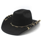 DAIIIBABYYY  -  Trendy Western Cowboy Hat for Men And Women with Metal Chain Wide Brim Suede Visor Fashion Jazz Cap