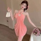 Daiiibabyyy  Pure and Unique Halter Neck Strapless Dress Nightclub Mesh Makes You Look Thin