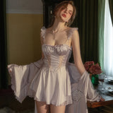 Daiiibabyyy  Sexy Lingerie Pajamas Women Sleepwear Summer New Ruffles Ice Silk Nightgowns with Chest Pad Sleep Dress Vestidos Mujer