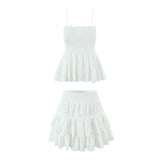 Daiiibabyyy  Spicy Girl Embroidered Hollow Pleated Camisole With Elastic Waist Skirt White Eyelet Embroidery Top And Ruffle Mini Skirt ZM2N