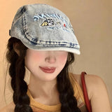 Daiiibabyyy  Cute Puppy Embroidery Washed Denim Forward Hat Men and Women Retro Big Head Short Brim Sunshade Flat Top Painter Cap Gorras