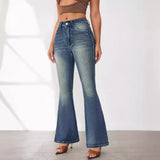 Daiiibabyyy Retro Blue Elastic Jeans Women's High Waist Flare Pants Denim Wide Leg Fashion Slim Fit Denim Flare Pants