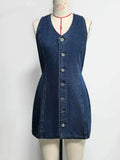 Daiiibabyyy  Summer Woman Denim Dress Cotton V Neck Jeans Dress High Waist Short Denim Dresses Mini Tie Back Jean Dress Front Buttons