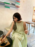 DAIIIBABYYY  -  2025 Korean Pleated Lace Up Vest Dress Women Summer New Style French Design Loose Sleeveless Long Vestidos