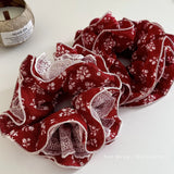 Daiiibabyyy  Women's Nice Scrunchies Sweet Style New Korean Hair Tie Red Floral Lace Large Intestine Loop Hair Bun Bun Hairstyle Accessory