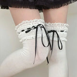 DAIIIBABYYY  -  Sweet Lace Cotton Mid-calf Socks Japanese Lolita Bow Ribbon Lolita Women Short Socks Drawstring JK Cosplay Accessories