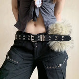 Daiiibabyyy  Vintage PU Leather Leather Fur Belt Faux Fur Spicy Girl Style Furry Waistband Korean Style Punk Y2K Waistband Daily