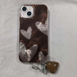 Daiiibabyyy  Whirlpool Pattern IND Irregular Brown Love Phone Case with Love Pendant for iPhone 11 12 13 14 15 16 17 Pro Max